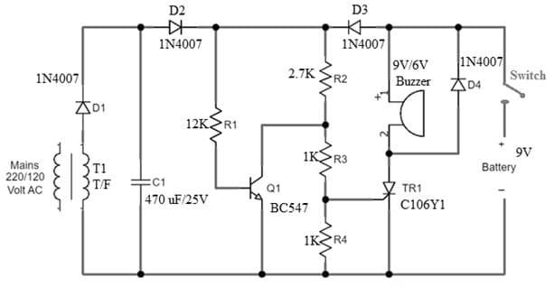 Alarm Circuit for Power Interruption with 1N4007 Diode